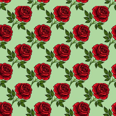 Açık yeşil arka planda yeşil yapraklı canlı kırmızı güller içeren pürüzsüz bir vektör deseni. Tasarım çiçek ve dekoratif, tekstil için uygun.