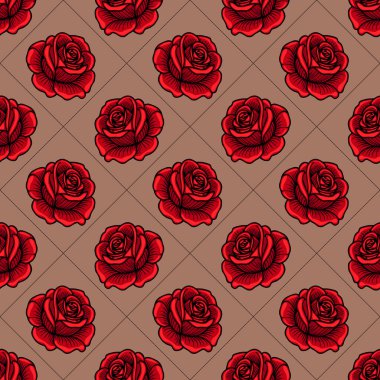 Bej arka planda kırmızı güller içeren kusursuz bir vektör deseni, bir ızgara düzeninde düzenlenmiş. Güller, çarpıcı bir görsel efekt oluşturan kalın çizgilerle karmaşık bir şekilde detaylandırılmış..