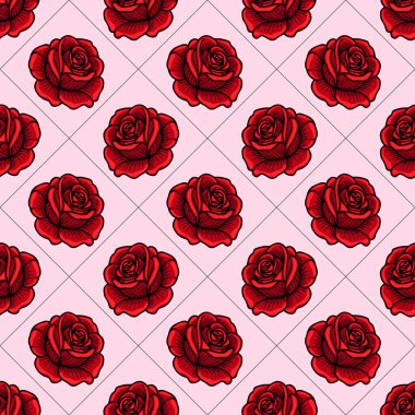 Açık pembe arka planda kırmızı güller içeren kusursuz bir vektör deseni. Elmas şebeke düzeninde düzenlenmiş. Güller çok detaylı, yapraklarını ve yapraklarını sergiliyorlar..