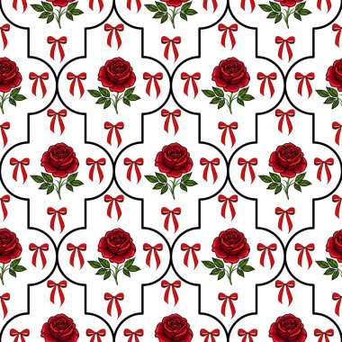 Yeşil yapraklı kırmızı güller ve beyaz arka planda kırmızı fiyonklar içeren kusursuz bir vektör deseni. Tasarım, klasik ve zarif bir görünüm yaratan siyah çizgilerle çerçevelenmiştir..