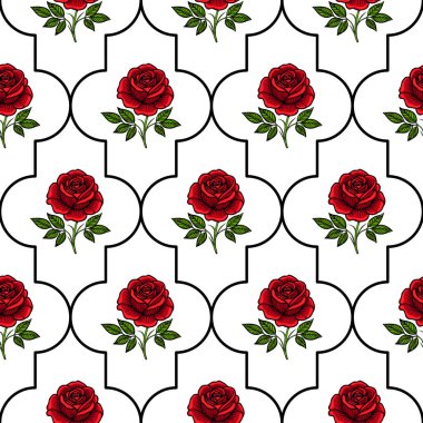 Beyaz arka planda yeşil yapraklı kırmızı güller içeren kusursuz bir vektör deseni. Zarif bir tasarımla siyah hatlarla çerçevelenmiş..
