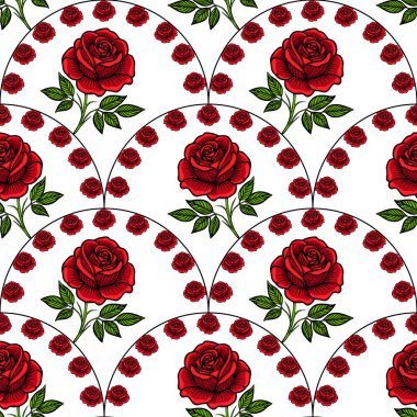 Yeşil yapraklı büyük kırmızı güller içeren, beyaz arka planda daha küçük kırmızı güllerle çevrili, pürüzsüz bir vektör deseni. Tasarım zarif ve çiçeklidir. Tekstil ve duvar kağıtları için uygundur..