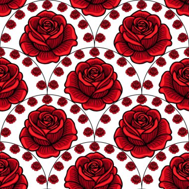 Beyaz arka planda büyük kırmızı güller ve daha küçük gül motifleri içeren kusursuz bir vektör deseni. Tasarım canlı ve çiçeklidir. Tekstil veya duvar kağıdı için idealdir..