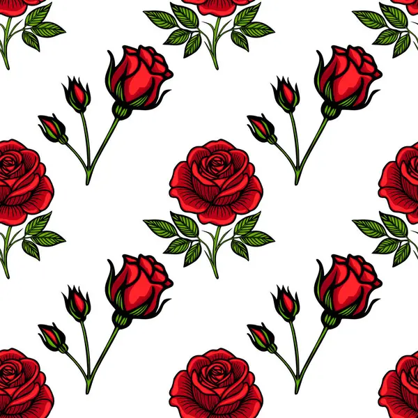 Beyaz arka planda yeşil yapraklı canlı kırmızı güller ve gül goncalarından oluşan pürüzsüz bir vektör deseni. Tasarım cesur ve göz alıcı, tekstil ve duvar kağıtları için uygun..