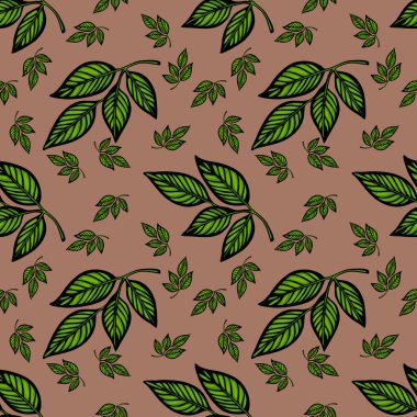 Kahverengi arka planda çeşitli yeşil yapraklardan oluşan kusursuz bir vektör deseni. Tasarım, hem büyük hem de küçük yaprakları, karmaşık ayrıntıları ve canlı renkleri göstermektedir..