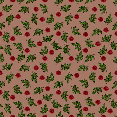 Kahverengi arka planda kırmızı güller ve yeşil yapraklardan oluşan kusursuz bir vektör deseni. Tasarım canlı ve çiçeklidir, tekstil veya duvar kağıdı için uygundur..