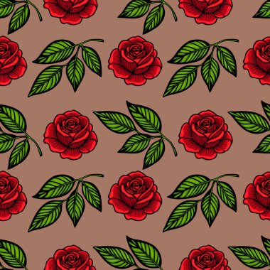 Kahverengi arka planda canlı kırmızı güller ve yeşil yapraklardan oluşan pürüzsüz bir vektör deseni. Tasarım kalın ve renkli, tekstil veya duvar kağıdı için uygun..