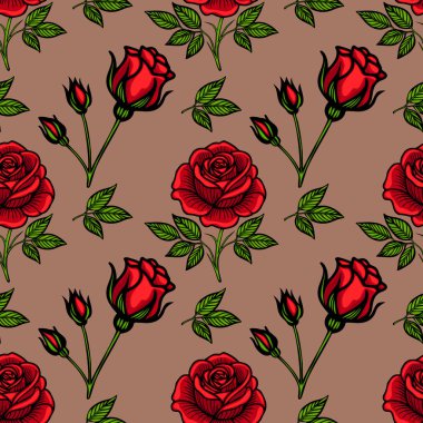 Kahverengi arka planda canlı kırmızı güller ve yeşil yapraklardan oluşan pürüzsüz bir vektör deseni. Tasarım, çiçek ve tomurcukların çeşitli aşamalarını sergiliyor, canlı bir çiçek motifi yaratıyor..