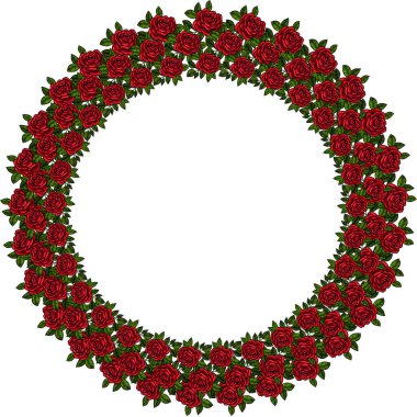 Canlı kırmızı güller ve yeşil yapraklardan oluşan dairesel bir çelenk dekoratif bir çerçeve oluşturuyor. Arka plan beyaz, çiçek tasarımını vurguluyor..