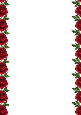 Beyaz arka planda yeşil yapraklı kırmızı güller içeren süslü bir sınır zarif ve romantik bir çerçeve oluşturuyor..