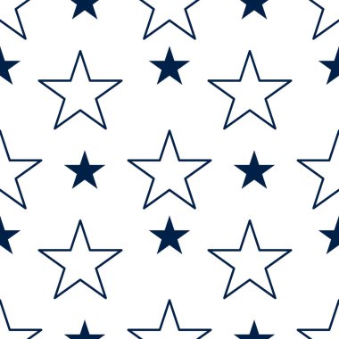 Alternatif çizgili yıldızları ve beyaz arka planda lacivert yıldızları içeren kusursuz bir vektör deseni. Tasarım basit ve modern, çeşitli uygulamalar için uygun..
