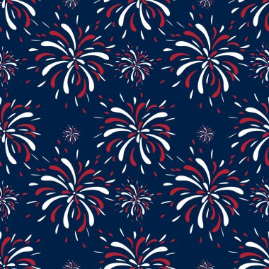 Kırmızı, beyaz ve mavi renkli havai fişeklerle donanmanın arka planına karşı kusursuz bir vektör deseni. Tasarım şenlikli ve kutlayıcı, Bağımsızlık Günü gibi olaylar için ideal..