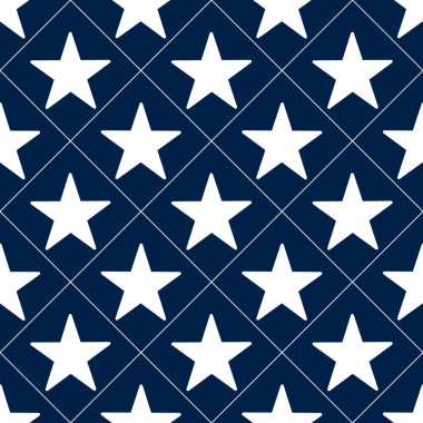 Lacivert bir zemin üzerinde beyaz yıldızları içeren kusursuz bir vektör deseni, elmas ızgara düzeninde düzenlenmiş..