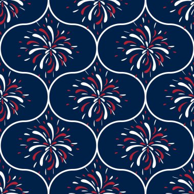 Kırmızı, beyaz ve mavi renkli koyu donanma arka planında stilize havai fişekler içeren tekrarlanan bir vektör deseni. Tasarım simetrik ve canlı, şenlikli durumlar için uygun..