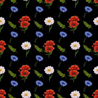 Siyah arka planda canlı kırmızı çiçekler, beyaz papatyalar ve mavi çiçekleri barındıran pürüzsüz bir desen. Çiçek tasarımı karmaşık ve renkli. Tekstil ve duvar kağıtları için ideal..