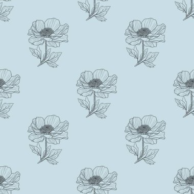 Açık mavi arka planda ayrıntılı çizgileri olan el çizimi çiçeklerin olduğu kusursuz bir desen. Çiçek tasarımı zarif ve çeşitli dekoratif kullanımlar için uygundur..
