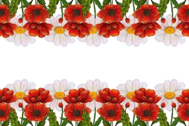 Kırmızı gelincikler ve yeşil yapraklarla çevrili beyaz papatyalardan oluşan canlı bir çiçek sınırı. Tasarım simetrik ve renkli, dekoratif amaçlar için ideal..