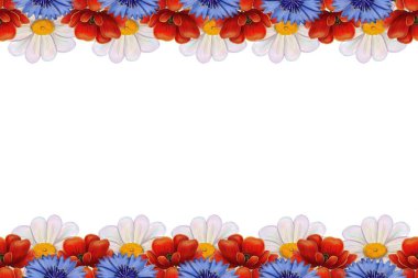 Kırmızı, beyaz ve mavi çiçeklerden oluşan canlı bir çiçek sınırı, papatyalar ve diğer çiçekler, neşeli ve renkli bir çerçeve oluşturur..