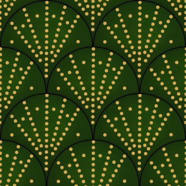 Tekrarlayan yarı dairesel şekiller, sarı noktalar dışa doğru yayılarak klasik bir sanat deco tarzı yaratıyor..
