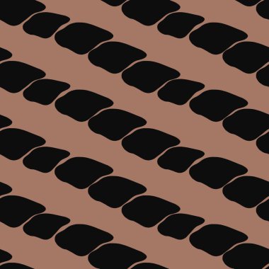 Kahverengi arkaplan üzerinde köşegen çizgiler halinde dizilmiş siyah soyut şekilleri içeren kusursuz bir desen. Tasarım modern ve minimalist, tekstil veya duvar kağıtları için uygun..