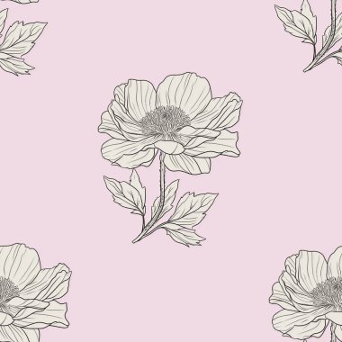 Yumuşak pembe arka planda yaprakları olan el yapımı çiçekleri içeren kusursuz bir desen. Çiçek tasarımı zarif ve minimalisttir, çeşitli dekoratif kullanım için uygundur..