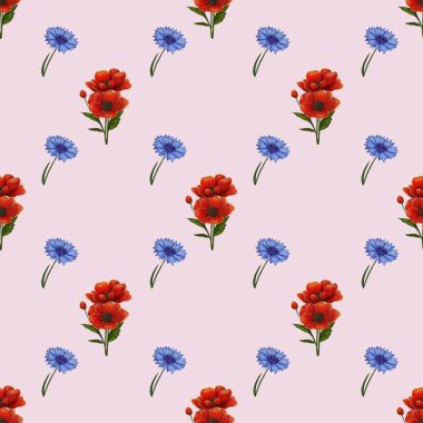 Pembe arka planda canlı kırmızı çiçekler ve narin mavi çiçeklerden oluşan pürüzsüz bir desen. Tasarım, tekstil veya duvar kağıtları için neşeli ve uygundur..