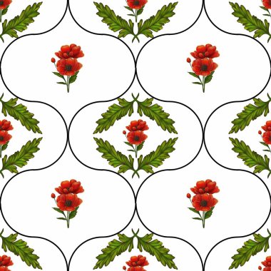 Beyaz arka planda yeşil yapraklarla çevrili canlı kırmızı gelincik çiçekleri içeren kusursuz bir çiçek deseni, simetrik bir dizayn ile düzenlenmiş..