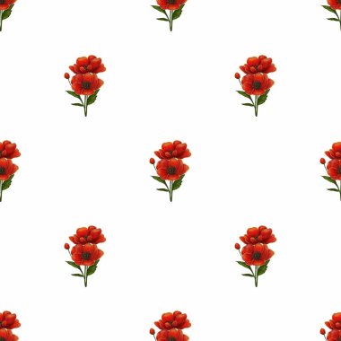 Beyaz arka planda yeşil yapraklı canlı kırmızı çiçeklerden oluşan pürüzsüz bir desen. Tasarım simetrik ve görsel olarak çekici, tekstil veya duvar kağıtları için ideal.