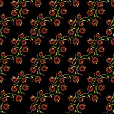 Siyah arka planda yeşil saplı canlı kırmızı çiçekler içeren kusursuz bir halk sanatı modeli. Çiçek tasarımı karmaşık ve simetriktir. Görsel olarak çekici bir tekstil yaratır.