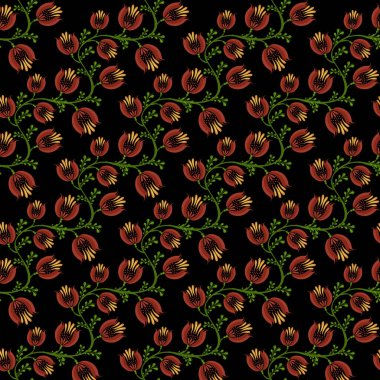 Siyah arka planda yeşil yapraklı canlı kırmızı ve sarı çiçeklerden oluşan kusursuz bir halk sanatı deseni. Tasarım karmaşık ve tekstil veya duvar kağıtları için uygundur..