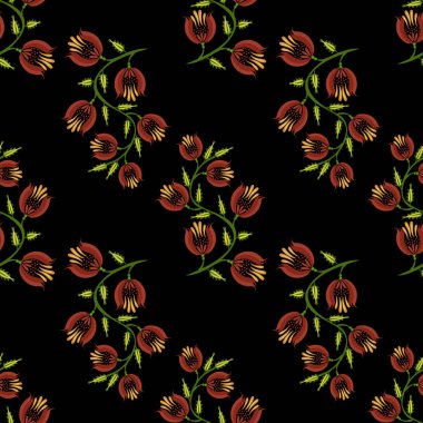 Siyah arka planda yeşil yapraklı canlı kırmızı ve sarı çiçeklerden oluşan kusursuz bir halk sanatı deseni. Tasarım karmaşık ve tekstil veya duvar kağıdı için uygundur..