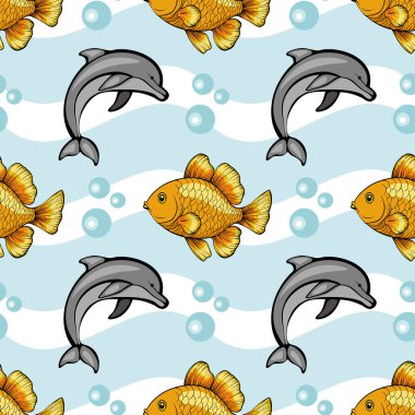 Baloncuklu açık mavi bir zemin üzerinde yunusbalıkları ve akvaryum balıklarının kusursuz deseni.
