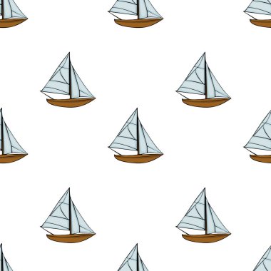 Açık mavi yelkenli küçük yelkenli ve beyaz arka planda kahverengi gövdeli, pürüzsüz bir desen. Denizcilik temalı tasarım ve tekstil için ideal.