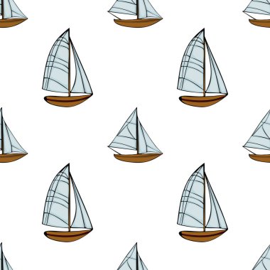 Beyaz yelkenli küçük yelkenli ve beyaz arka planda kahverengi gövdeli, pürüzsüz bir desen. Tasarım oyuncu ve denizcidir, kumaş veya duvar kağıdı için uygundur..