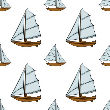 Beyaz yelkenli ve beyaz arka planda kahverengi gövdeli çeşitli yelkenliler içeren pürüzsüz bir desen. Tasarım oyuncu ve denizcidir, kumaş veya duvar kağıdı için uygundur..