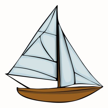 Tahta gövdeli ve açık mavi yelkenli bir yelkenlinin, tarafsız bir arka planda çekilmiş bir tasviri. Tasarım basit ve modern, deniz teması için ideal..