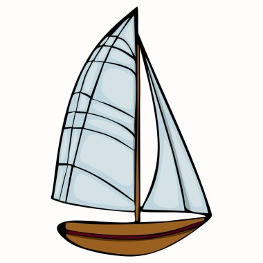 Kahverengi gövdeli ve açık mavi yelkenli bir yelkenlinin düz bir arka planda çekilmiş renkli bir çizimi..