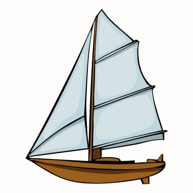 Ahşap gövdeli, büyük, açık mavi yelkenli bir yelkenlinin karikatür tarzı çizimi. Tekne basit, renkli bir tasarım ile tasvir edilir, çocuk temaları veya deniz kavramları için uygundur..