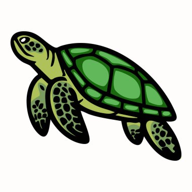 Cesur bir taslak ile stilize yeşil kaplumbağa illüstrasyonu, kabuğunu ve yüzgeçlerini oyuncu bir tasarım içinde sergiliyor.