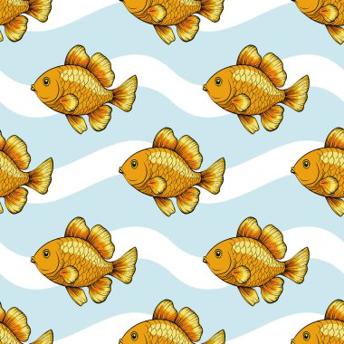 Dalgalı beyaz çizgilerle açık mavi bir zemin üzerinde yüzen çizgi film tarzı altın balığın kusursuz deseni. Balıklar pullar ve yüzgeçlerle detaylandırılmıştır. Bu da su altında eğlenceli bir tema yaratır..