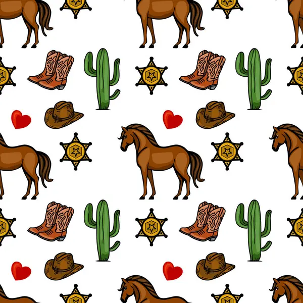 Atların, kovboy şapkalarının, şerif rozetlerinin, kaktüslerin, kalplerin ve kovboy çizmelerinin yer aldığı eğlenceli bir vektör modeli. Tasarım renkli ve bir Batı temasını çağrıştırıyor, tekstil veya dekor için mükemmel..