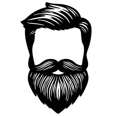 Modern bir saç stiline sahip, sakallı ve bıyıklı bir adamın siyah-beyaz resmedilmiş hali. Yüzü boş, sakalı ve saç tasarımını vurguluyor..