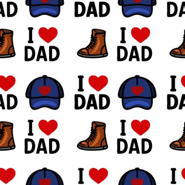Beyzbol şapkaları, botları ve babamı çok sevdiğim cümlesini içeren tekrarlayan bir vektör deseni. Babalar Günü hediyeleri ya da aile temalı ürünler için ideal.