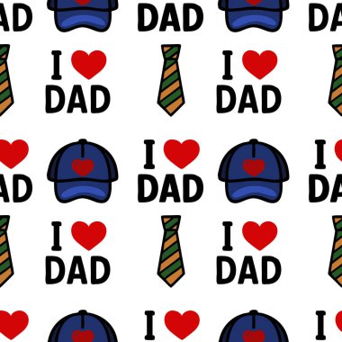Mavi başlıklar, kravatlar ve babamı sevdiğim cümlesinin komik, karikatür tarzında olduğu oyuncu bir vektör deseni. Babalar Günü ya da baba temalı tasarımlar için ideal.
