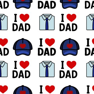 Mavi başlıklar, kravatlı gömlekler ve babamı neşeli, renkli bir dizaynla sevdiğim cümlesinin tekrarlandığı bir vektör deseni. Babalar Günü veya baba temalı ürünler için ideal.