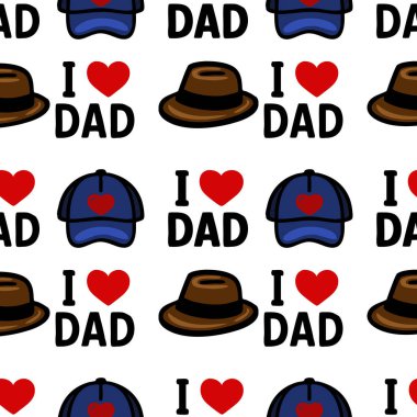 Mavi başlıklar ve kahverengi şapkaların olduğu tekrarlanan bir vektör deseni. Babamı Seviyorum metninin neşeli bir tasarımı var. Arka plan beyaz, neşeli ve neşeli bir atmosfer yaratıyor..