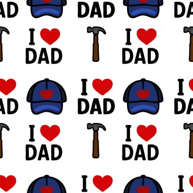 Mavi beyzbol şapkaları, çekiçler ve babamı kırmızı ve siyah renkte sevdiğim cümlesinin tekrarlandığı bir vektör deseni. Babalar Günü için ideal tasarım veya hediyeler.