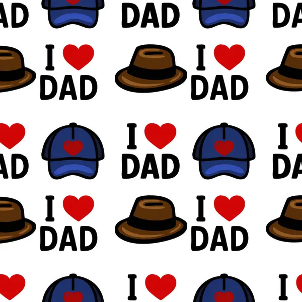 Mavi başlıklar ve kahverengi şapkaların olduğu tekrarlanan bir vektör deseni. Babamı Seviyorum metninin neşeli bir tasarımı var. Arka plan beyaz, neşeli ve neşeli bir atmosfer yaratıyor..