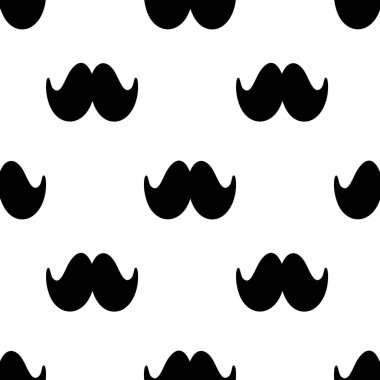 Beyaz arka planda siyah bıyıklı kusursuz bir vektör deseni, çeşitli yaratıcı projeler için eğlenceli ve kaprisli bir tasarım yaratıyor..