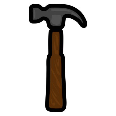 Siyah başlı, kahverengi ahşap saplı, oyuncu ve basit bir tasarımı vurgulayan bir çekiç çizimi..